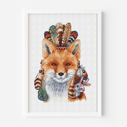 Fox Cross Stitch Pattern PDF, Indian War Bonnet Design Counted Cross Stitch, Cunning Bunny Hand Embroidery Digital File