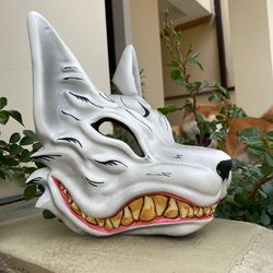 Japanese Kitsune mask Black and White, Full face Kitsune mask, Japanese fox mask, Wolf mask, Anime Cosplay, kitsune fox