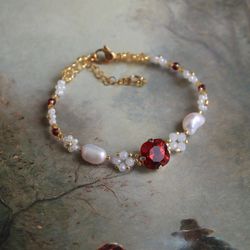 Red aesthetic stone bracelet Dainty handmade jewelry Red and white floral bracelet Handmade jewelry for you Gift for her