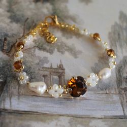 Brown shine bracelet Handmade flower bracelet Crystal beaded  bracelet Dainty jewelry Gift for her Aesthetic jewelry