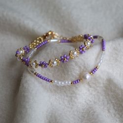 Bright purple bracelet Flower purple bracelet Beaded bracelets set Cote handmade jewelry Trendy jewelry for you