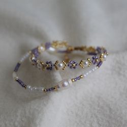 Translucent purple bracelet Trendy floral jewelry Purple bracelets set Cute jewelry for gift Pearl accessories