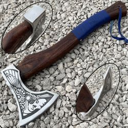 hand-forged viking axe | 18" handmade carbon steel tomahawk with etched blade, leather wrapped wood handle & premium