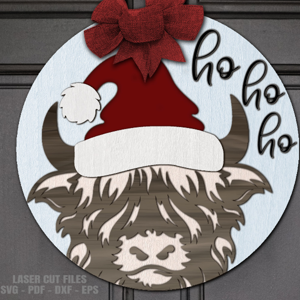 Santa Hat Highland Cow Door Hanger SVG Laser Cut Files Santa Hat SVG Cow Head SVG Glowforge Files DXF.png