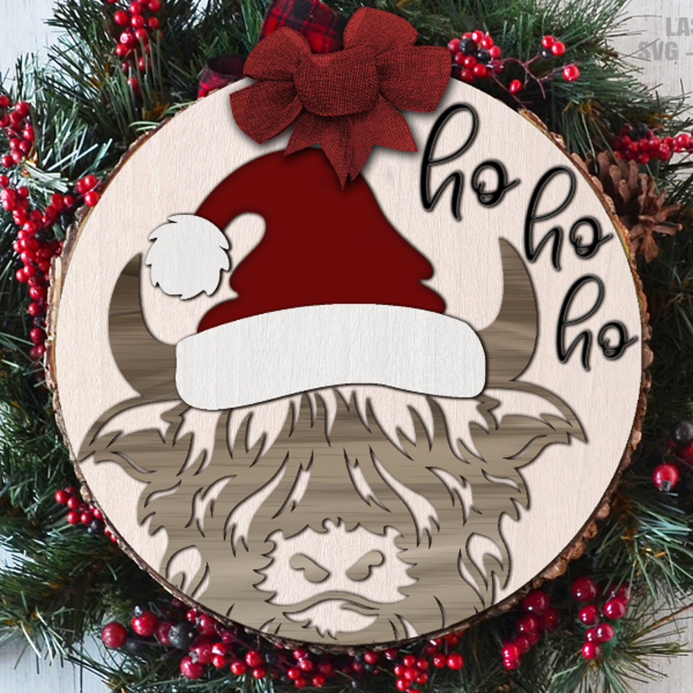 Santa Hat Highland Cow Door Hanger SVG Laser Cut Files Santa Hat SVG Cow Head SVG Glowforge Files 2.png