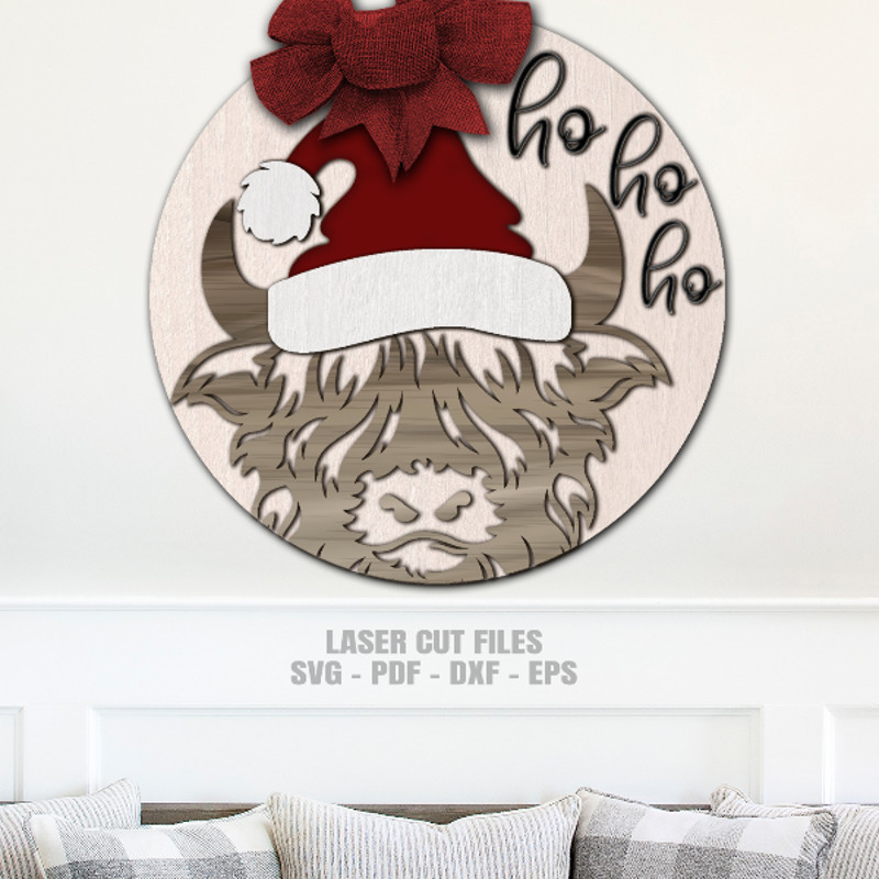 Santa Hat Highland Cow Door Hanger SVG Laser Cut Files Santa Hat SVG Cow Head SVG Glowforge Files 3.png