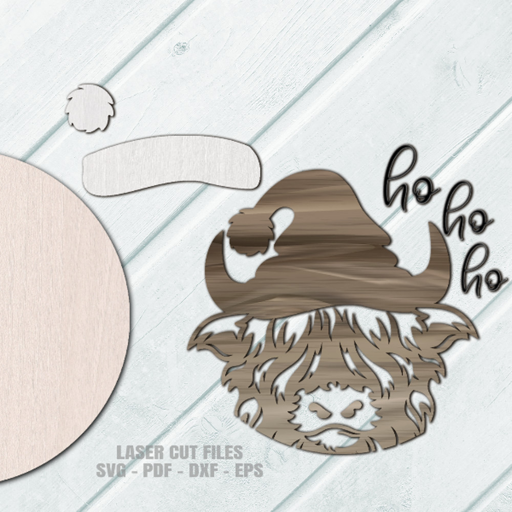Santa Hat Highland Cow Door Hanger SVG Laser Cut Files Santa Hat SVG Cow Head SVG Glowforge Files 4.png