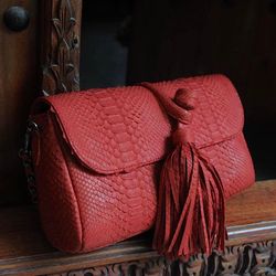 Genuine Python Skin Clutch with tassel |women purse | exotic leather bags | red evening clutch | designer crossbo