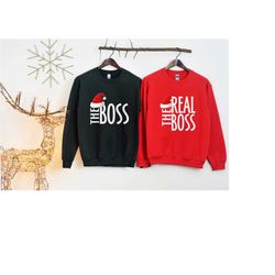 the boss and real boss christmas sweatshirt, custom text couple christmas sweater, christmas family christmas matching h