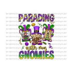 parading with my gnomies png sublimation design download, happy mardi gras png, mardi gras gnomies png, sublimate designs download