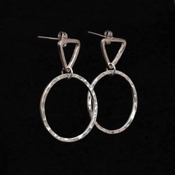 Sterling Silver Dangle Hoop Earrings, Hammered Circle Earrings, Hoop Modern Jewelry, Silver Triangle Earrings Handmade