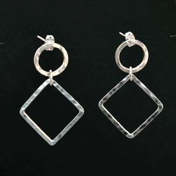 Sterling Silver Dangling Hoop Earrings, Geometric Square Drop Earrings, Long Silver Drop Square Dangle Earrings, Hammer