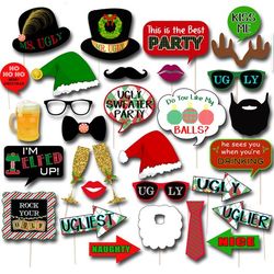Printable Ugly Sweater Photo Booth Props, Selfie Station Grab a Prop Christmas Decor, PrintableArt INSTANT DOWNLOAD Xmas