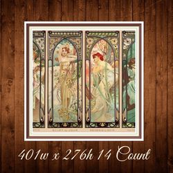 Four Times of the Day | Cross Stitch Pattern | Alphonse Mucha 1899 |  401w x 276h - 14 Count | PDF Vintage Counted
