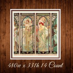 Four Times of the Day | Cross Stitch Pattern | Alphonse Mucha 1899 | 480w x 331h  - 14 Count | PDF Vintage Counted