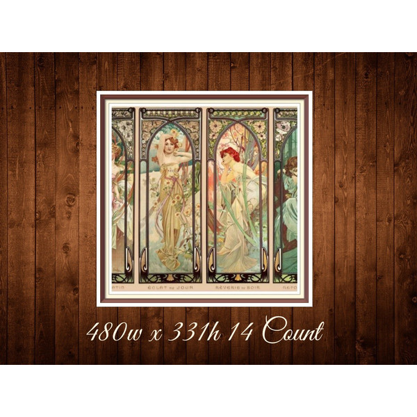 Four Times of the Day  Cross Stitch Pattern  Alphonse Mucha 1899  480w x 331h  - 14 Count  PDF Vintage Counted.jpg