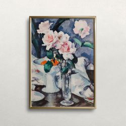 pink roses in glass vase  vintage wall art  antique wall decor  victorian print  soft pastel colors   flowers  printable