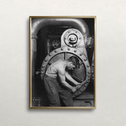 Powerhouse Mechanic, Man Portrait, Black and White Art, Vintage Wall Art, Old Photo, Man with Wrench, DIGITAL DOWNLOAD,