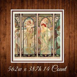 Four Times of the Day | Cross Stitch Pattern | Alphonse Mucha 1899 | 562w x 387h  - 14 Count | PDF Vintage Counted