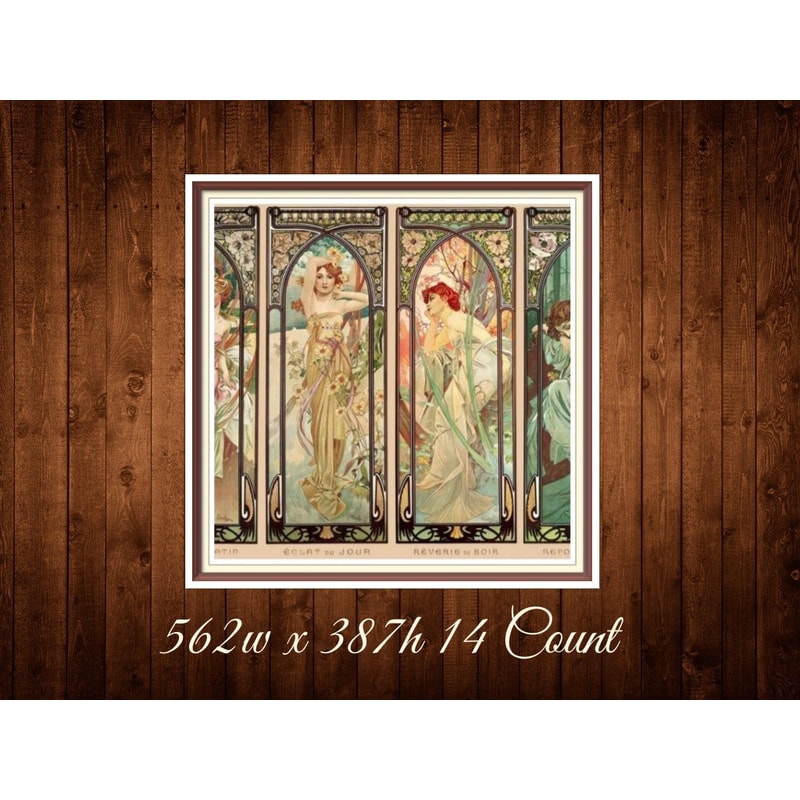 Four Times of the Day Cross Stitch Pattern Alphonse Mucha 1899 562w x 387h - 14 Count PDF Vintage Counted.jpg