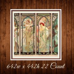 Four Times of the Day | Cross Stitch Pattern | Alphonse Mucha 1899 | 642w x 442h  - 22 Count | PDF Vintage Counted