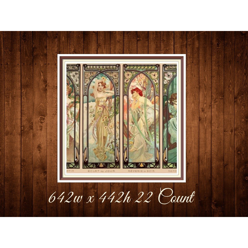 Four Times of the Day  Cross Stitch Pattern  Alphonse Mucha 1899  642w x 442h  - 22 Count  PDF Vintage Counted.jpg