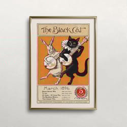 cat playing banjo, vintage wall art, black cat wall art, cat and rabbit art, music wall art, whimsical print digital dow