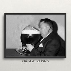 fat man drinking beer, black and white art, vintage wall art, giant beer glass, funny, bar wall decor, digital download,