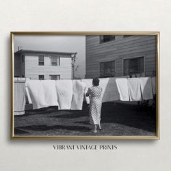 laundry day print, black and white art, vintage wall art, laundry clothesline, old photo, laundry decor digital download