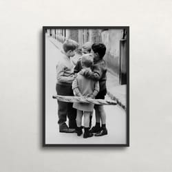little boys in paris, black and white art, vintage wall art, old photo, boy with baguette, little gang, digital download
