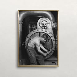 powerhouse mechanic, man portrait, black and white art, vintage wall art, old photo, man with wrench, digital download,