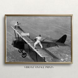 tennis on airplane, black and white art, vintage wall art, playing tennis on plane wings, vintage sports art, digital do