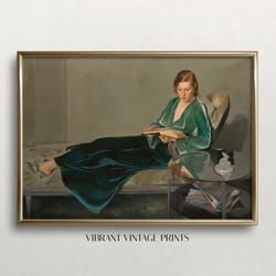 woman portrait vintage wall art woman reading a book emerald green muted neutral decor digital download printable