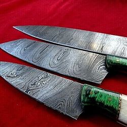 3 x camel bone handmade damascus steel kitchen chef knife,hunting/leather roll