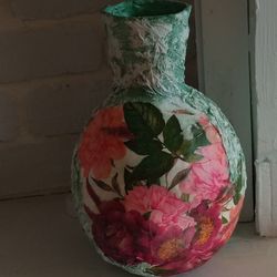 Handmade papier mache vase with peonies