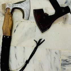 beautiful handmade carbon steel hunting/camping axe with leather cover