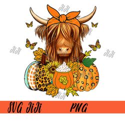 Highland Cute Cow PNG, Fall Leaves Pumpkins Autumn Thanksgiving PNG