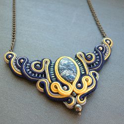 Blue and yellow statement necklace, Soutache embroidered bib necklace, Boho Ethnic necklace