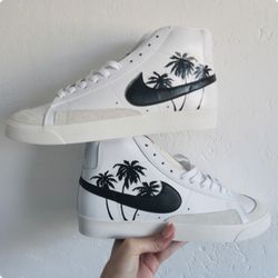 custom sneakers blazer, palm tree graphics art, luxury woman shoes, hand painted sneakers, gift, white, personalized art