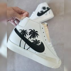 custom sneakers blazer, palm tree graphics art, luxury men shoes, hand painted sneakers, gift, white, personalized art