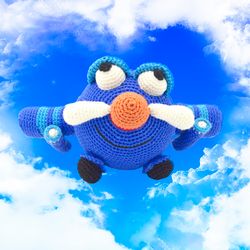 Blue airplane toy, stuffed airplane, crochet jet plane, amigurumi airplane, Baby first toy aircraft, aviator stuffed toy