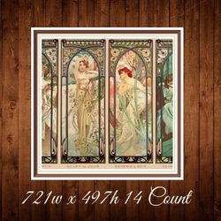 Four Times of the Day | Cross Stitch Pattern | Alphonse Mucha 1899 | 721w x 497h  - 14 Count | PDF Vintage Counted