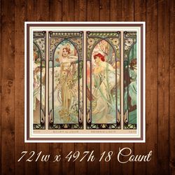 Four Times of the Day | Cross Stitch Pattern | Alphonse Mucha 1899 | 721w x 497h  - 18 Count | PDF Vintage Counted