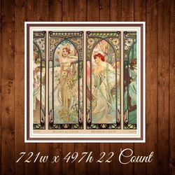 Four Times of the Day | Cross Stitch Pattern | Alphonse Mucha 1899 | 721w x 497h  - 22 Count | PDF Vintage Counted