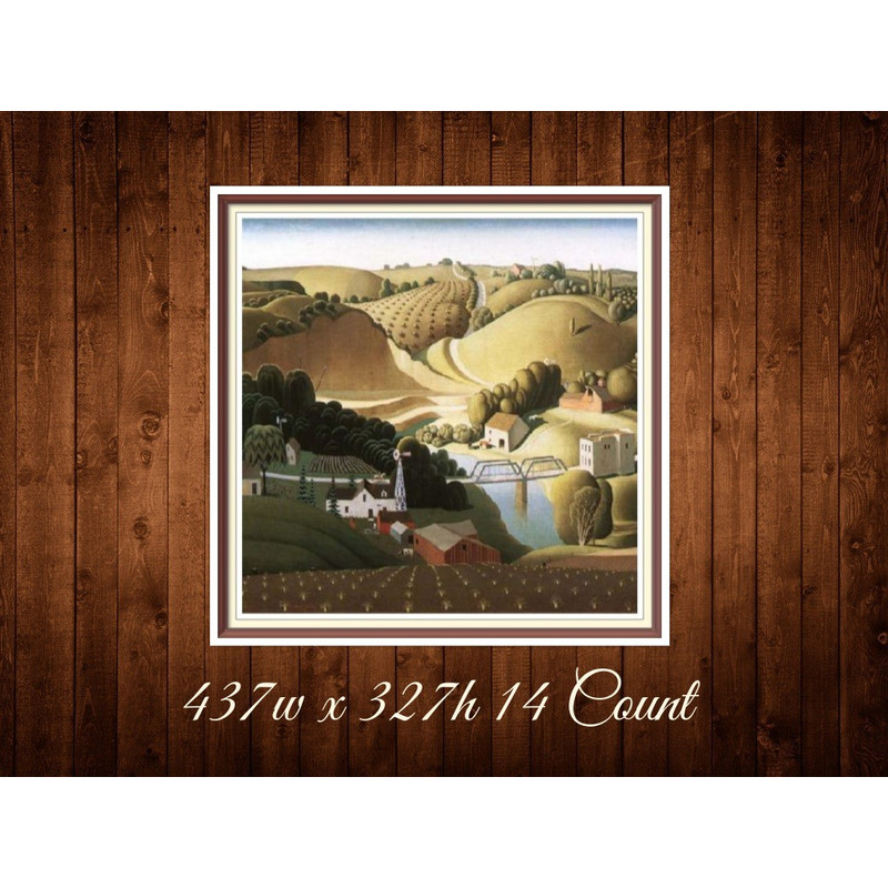 Stone City, Iowa Cross Stitch Pattern Grant Wood 1930 437w x 327h - 14 Count PDF Vintage Counted.jpg
