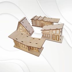 Christmas Glitter Houses svg dxf template for laser cut. 4 Pattern Christmas house for mantel, digital model, laser plan