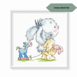 Counted cross stitch kit "Come with me", Cute Bunny embroidery design, Easy cross stitch kit for baby