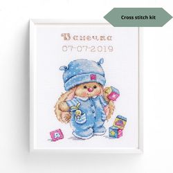 Counted cross stitch kit "Bunny Mi baby boy", Cute Bunny embroidery design, Easy cross stitch kit for baby