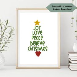 Word tree PDF cross stitch pattern, Merry Christmas cross stitch design, Instant download, Digital PDF