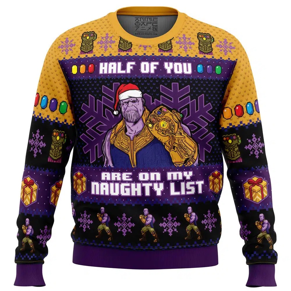 Half of You Are On The Naughty List Thanos Marvel Ugly Hoodie Zip 3D Hoodie 3D Ugly Christmas Sweater 3D Fleece Hoodie